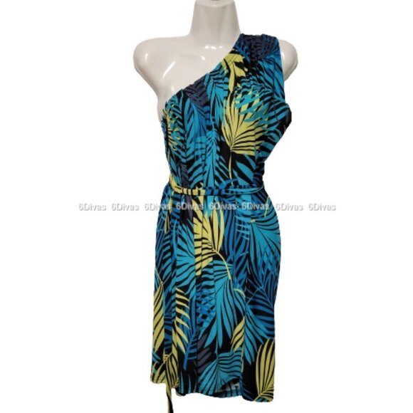 NEW One Shoulder Sexy Blue and Yellow Tropical Palms Print Summer Dress - Picture 2 of 8